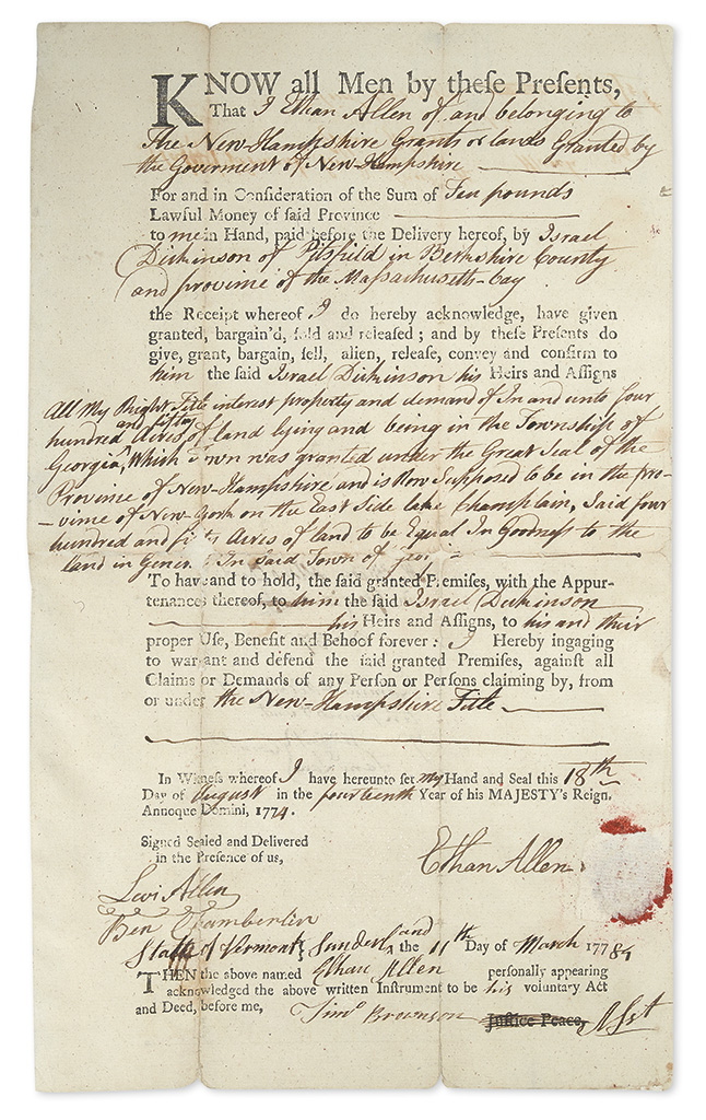 (VERMONT.) ALLEN, ETHAN. Partly-printed Document Signed,
